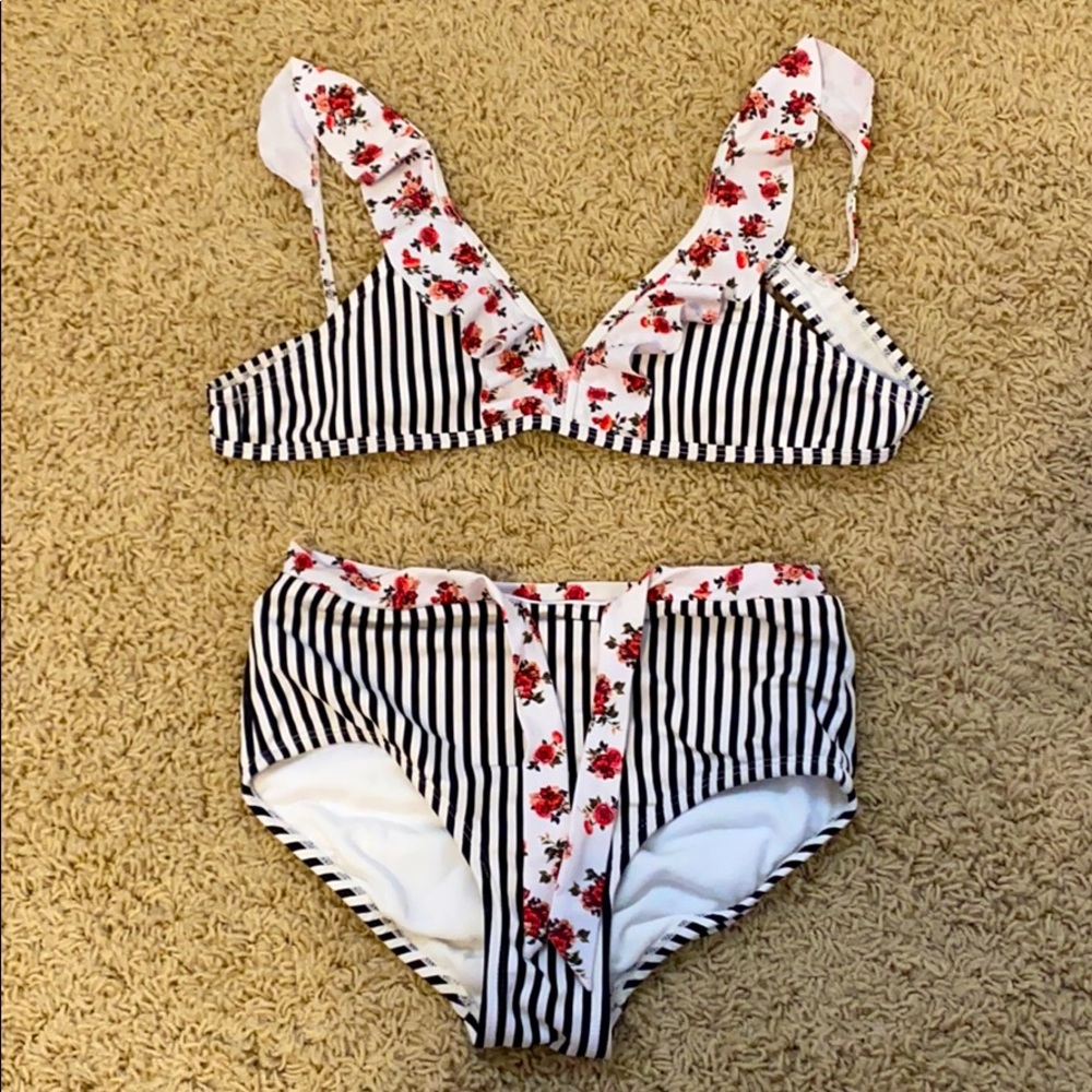 Girls Striped & Floral Bikini Set